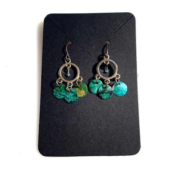 Vintage Mother Of Pearl Dangle Earring Silver Hoop Design Handmade Lightweight - Picture 2 of 4